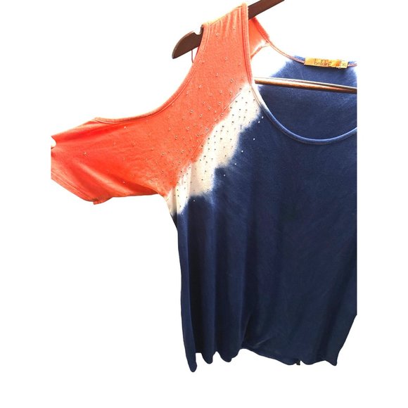 BELLDINI Plus Size Blue White Pink Tie-Dyed Cold-Shoulder Blouse Size XL - Picture 3 of 8